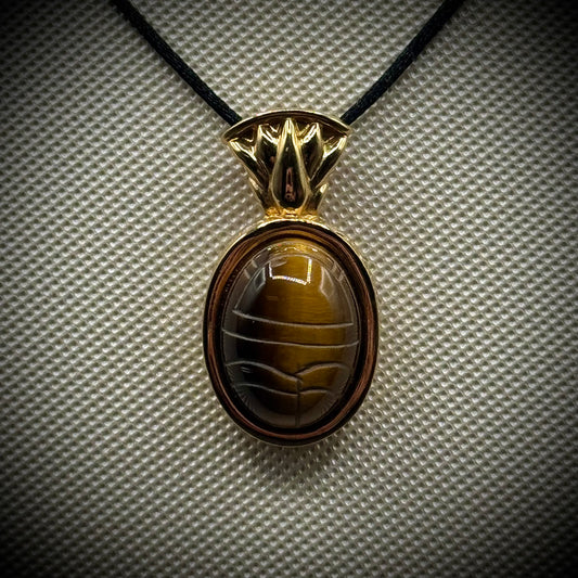 Kenneth J. Lane Egyptian Scarab Carved Tiger Eye Pendant on Black Silk Cord