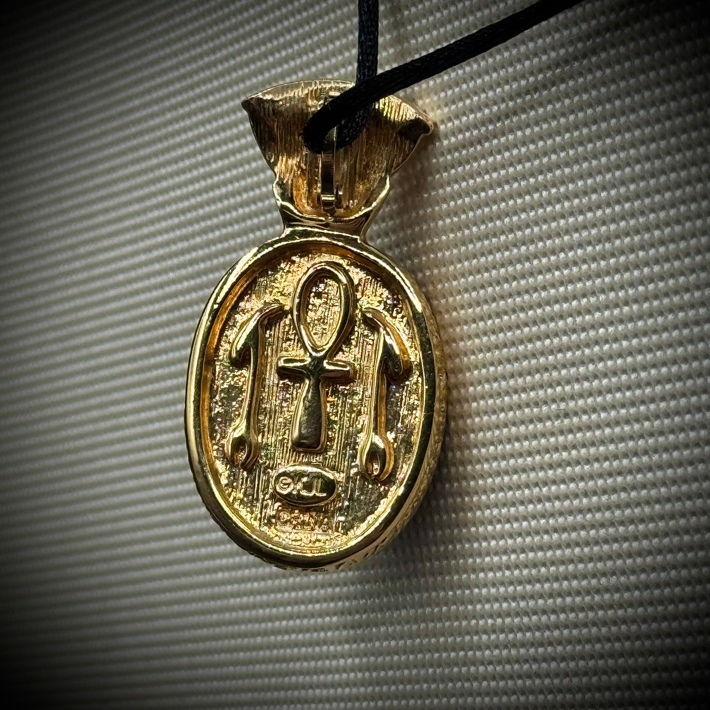 Kenneth J. Lane Egyptian Scarab Carved Tiger Eye Pendant on Black Silk Cord