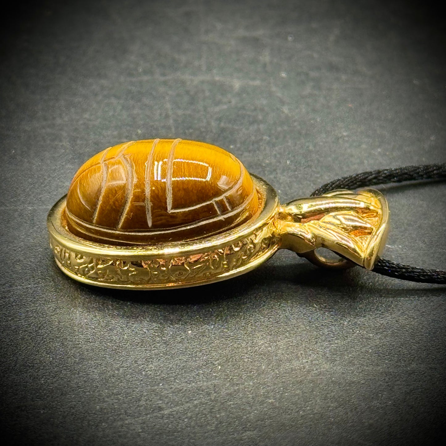 Kenneth J. Lane Egyptian Scarab Carved Tiger Eye Pendant on Black Silk Cord