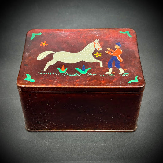 Vintage Tin Hinged Lidded Box with Horse Motif Art