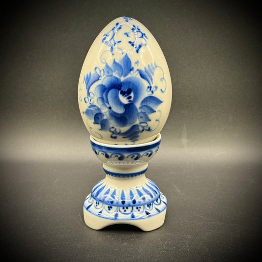 Vintage Hand Painted Porcelain Egg & Pedestal - Made in USSR