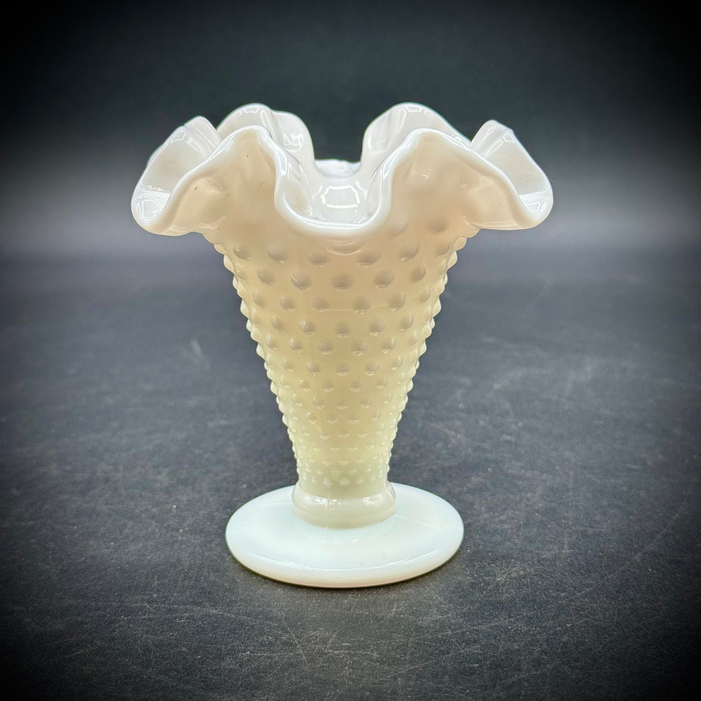 Vintage Fenton Milk Glass Hobnail Ruffle Vase