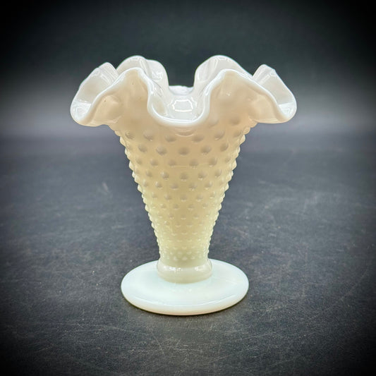 Vintage Fenton Milk Glass Hobnail Ruffle Vase