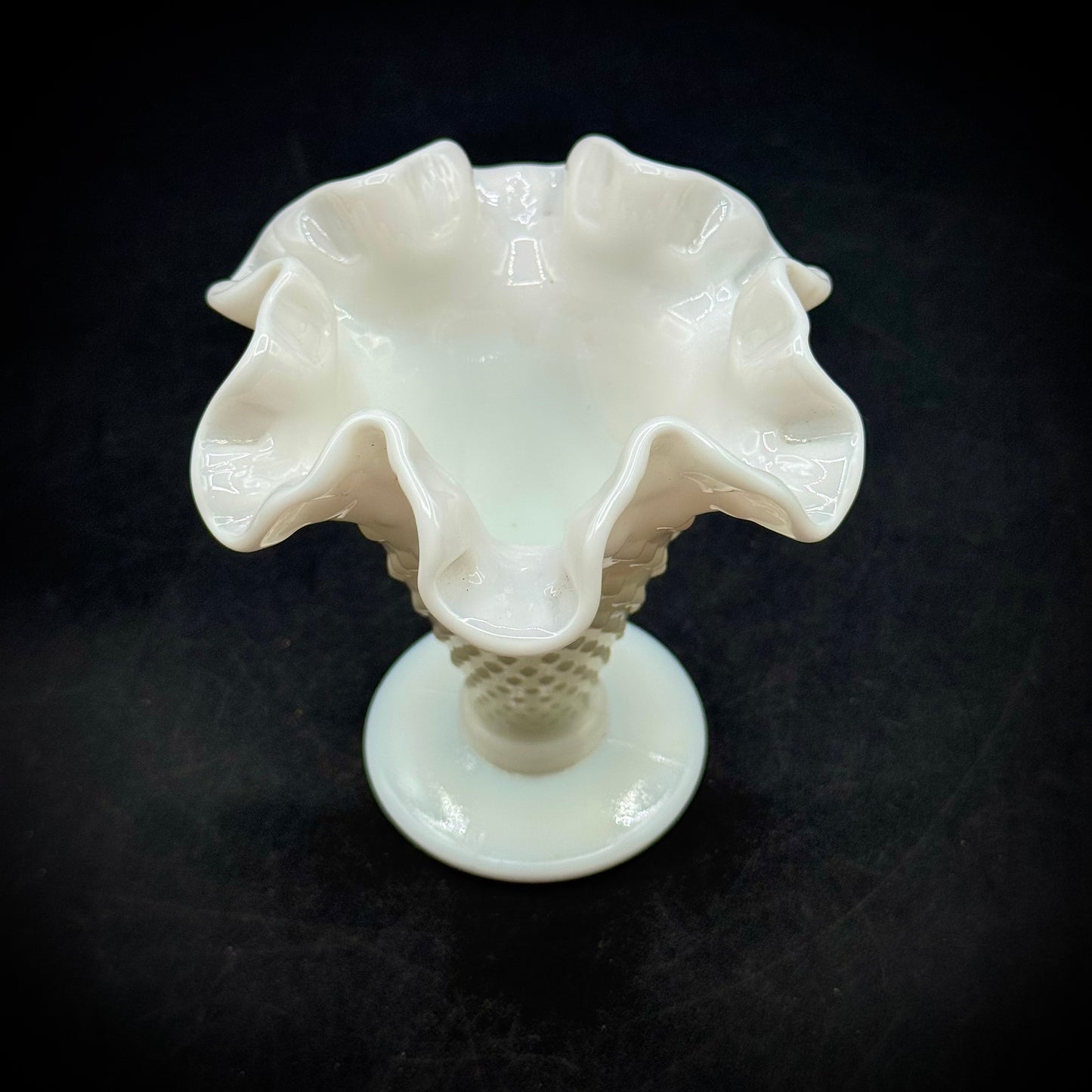 Vintage Fenton Milk Glass Hobnail Ruffle Vase