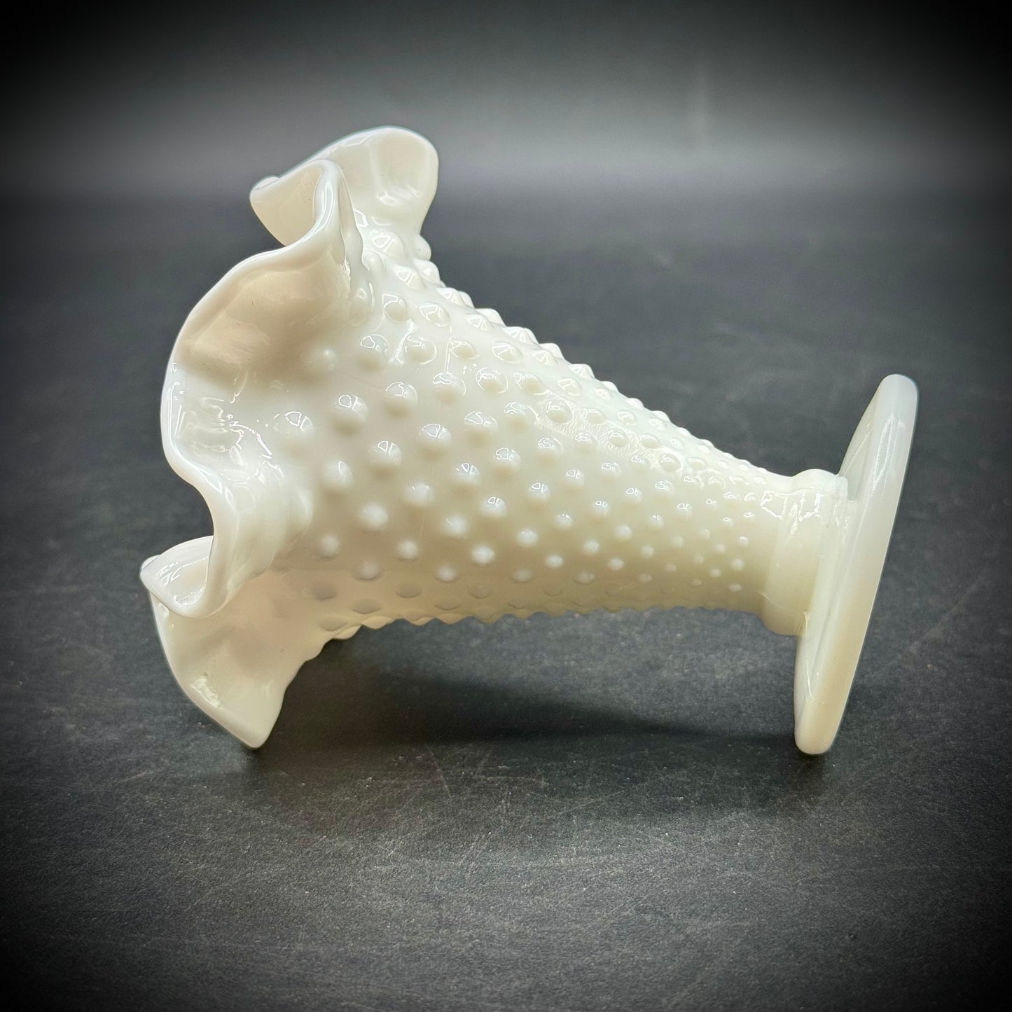 Vintage Fenton Milk Glass Hobnail Ruffle Vase