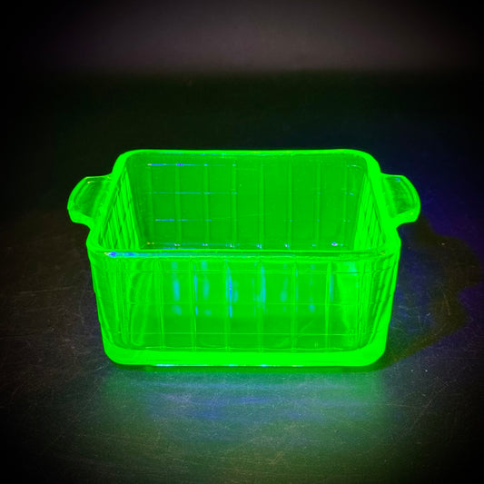 Vintage Uranium Glass Rectangle Handled Container