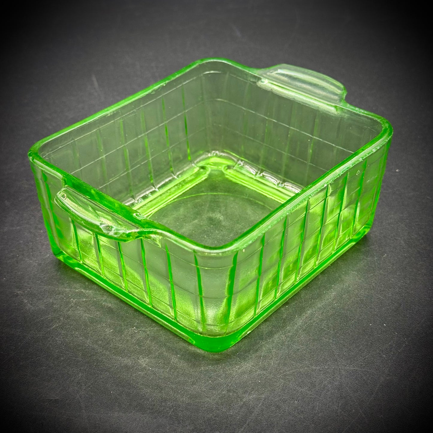 Vintage Uranium Glass Rectangle Handled Container