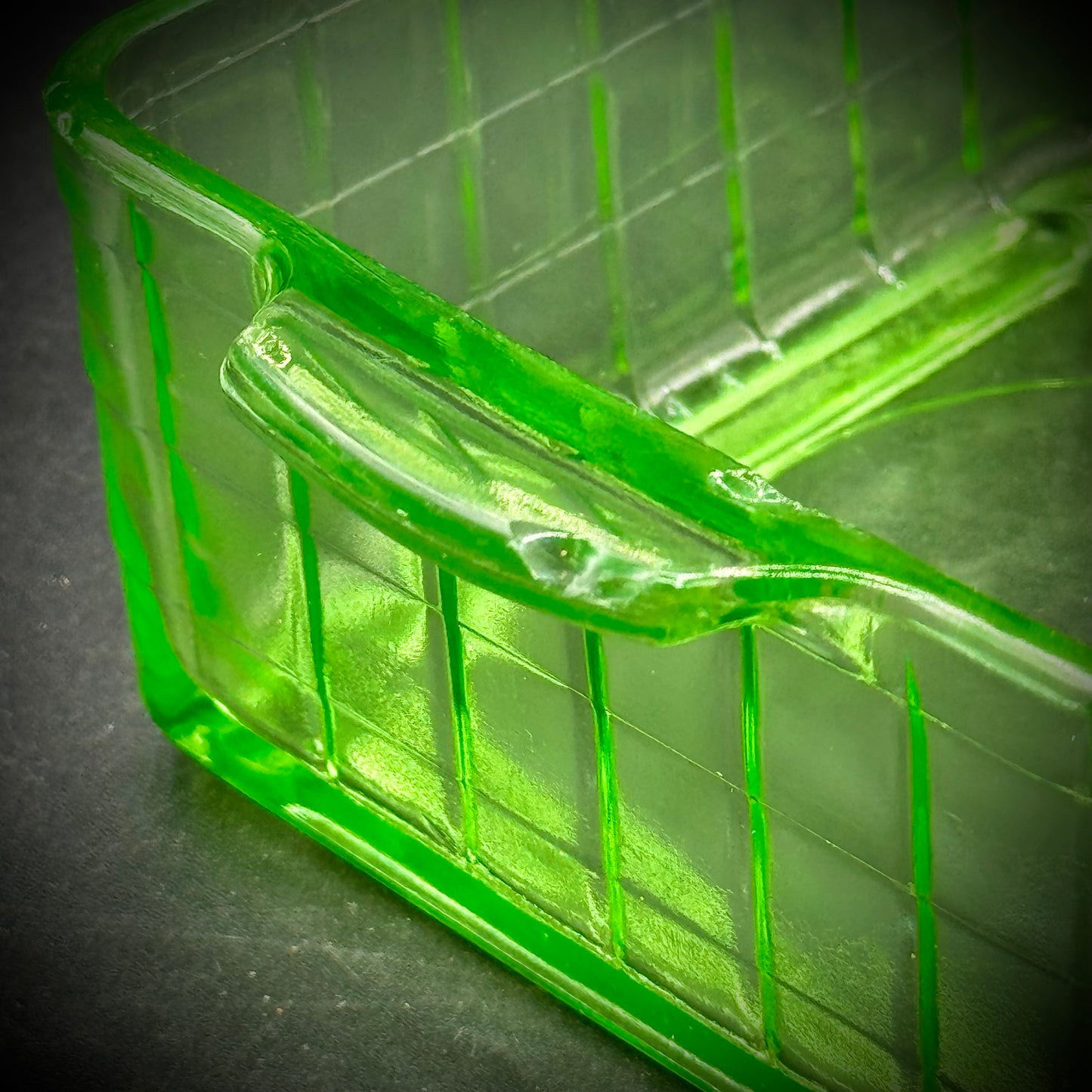 Vintage Uranium Glass Rectangle Handled Container