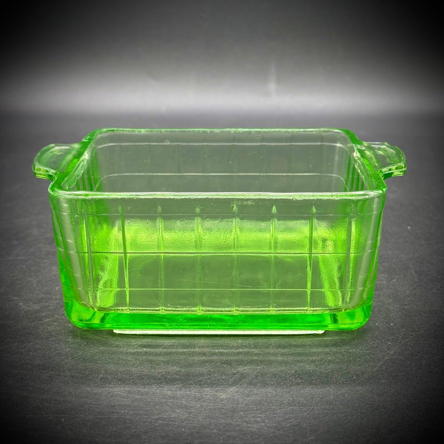 Vintage Uranium Glass Rectangle Handled Container