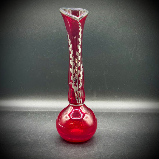 Vintage Hand Blown Ruby Glass Swung Vase w/Sterling Silver Accents