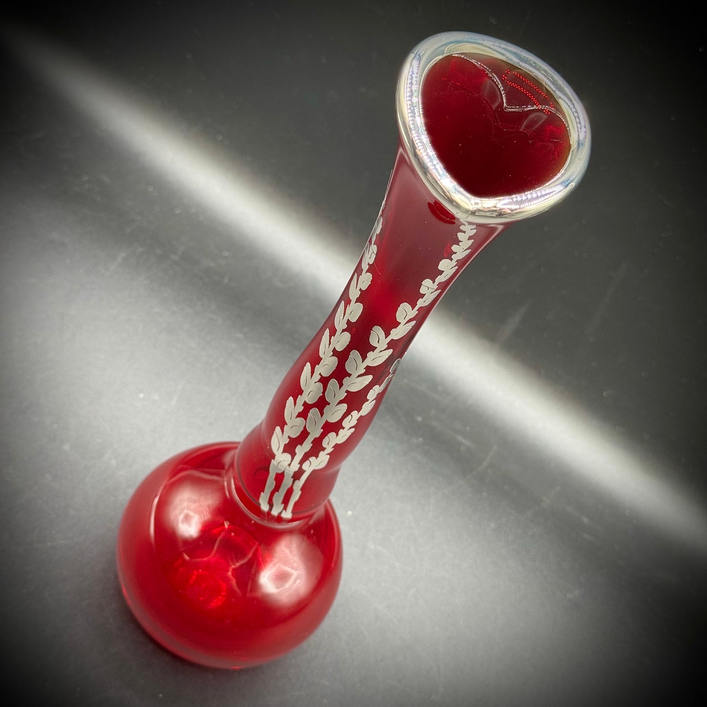 Vintage Hand Blown Ruby Glass Swung Vase w/Sterling Silver Accents