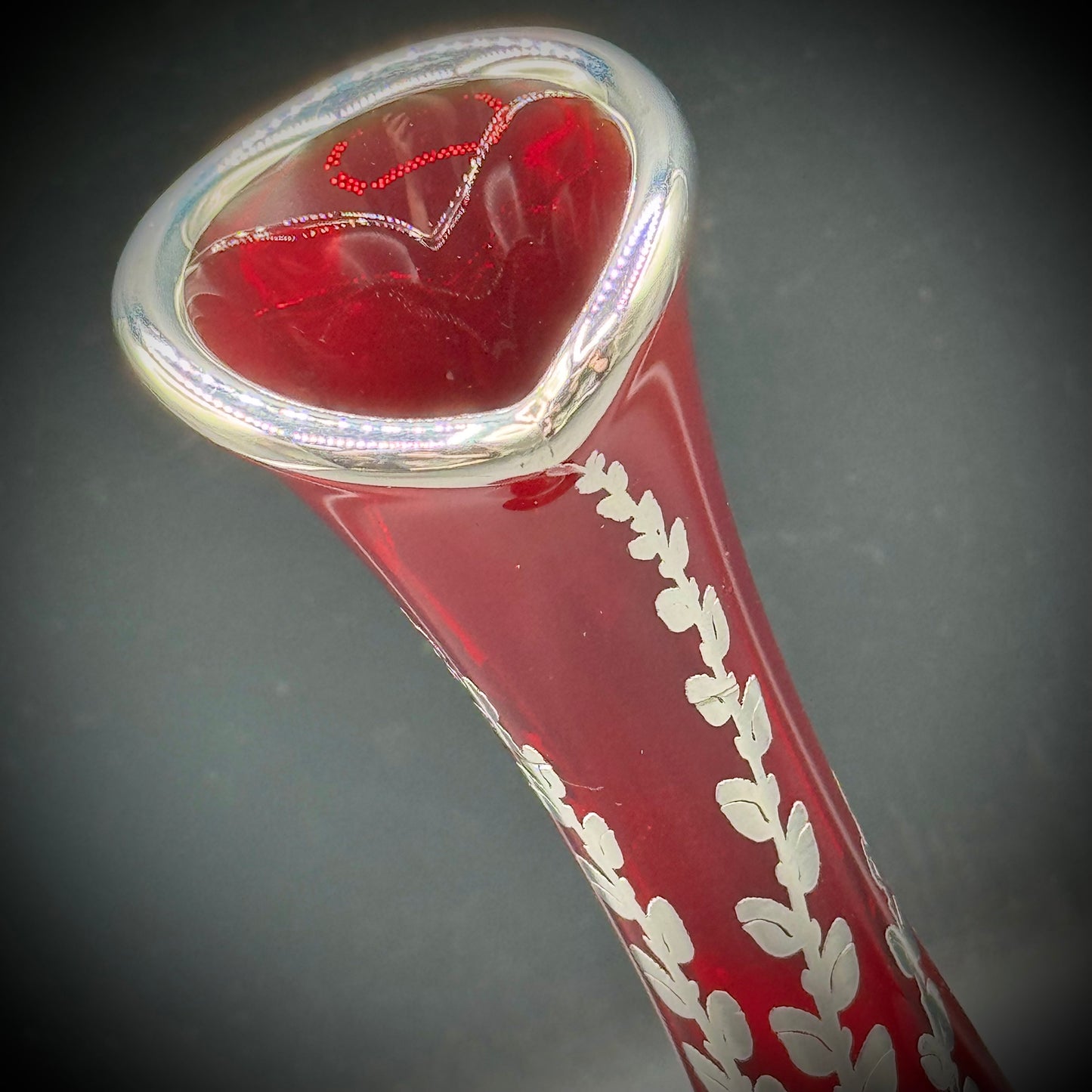 Vintage Hand Blown Ruby Glass Swung Vase w/Sterling Silver Accents