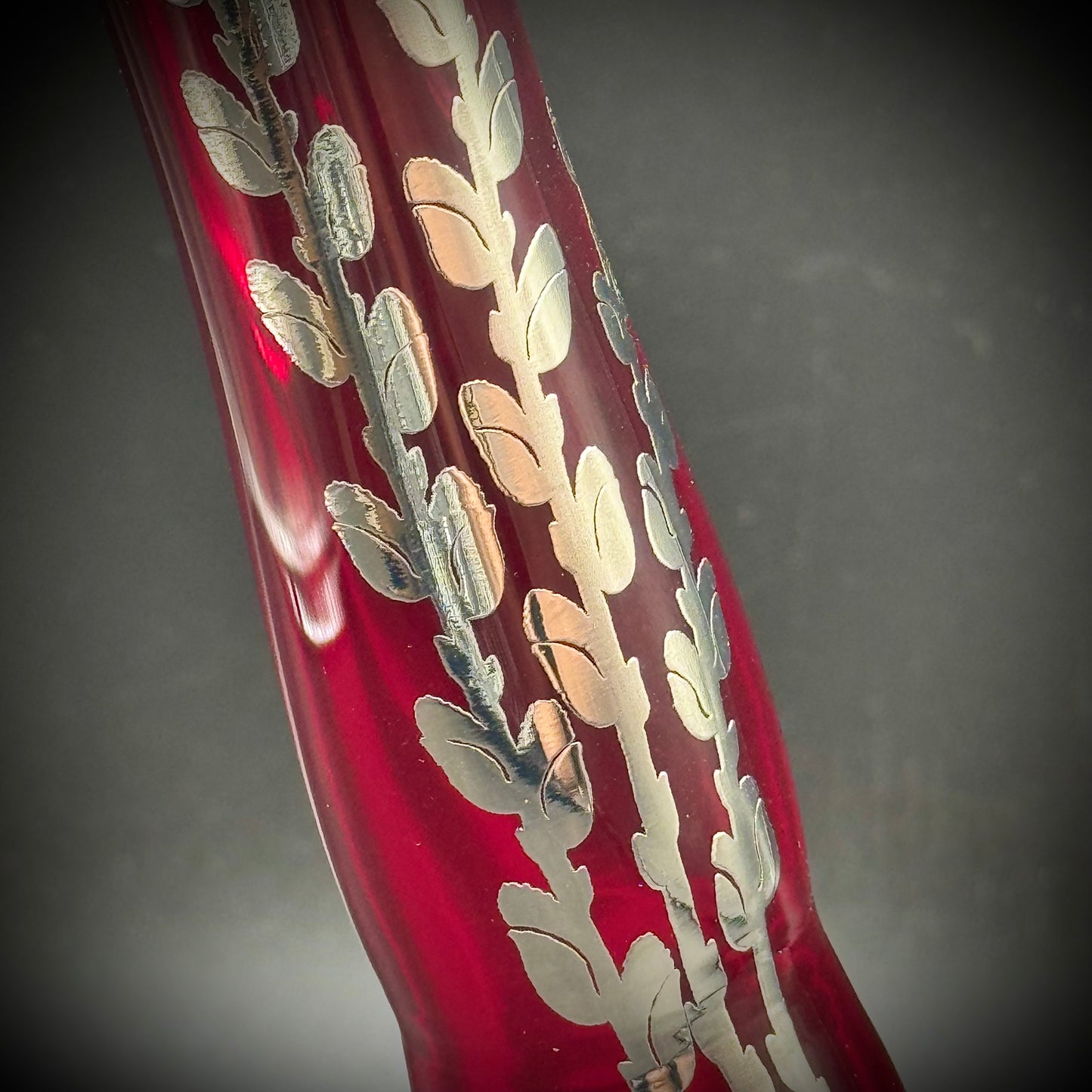 Vintage Hand Blown Ruby Glass Swung Vase w/Sterling Silver Accents