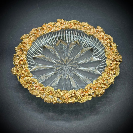 Vintage Hollywood Regency Ornate Gold Tone Dish with Acorn Motif