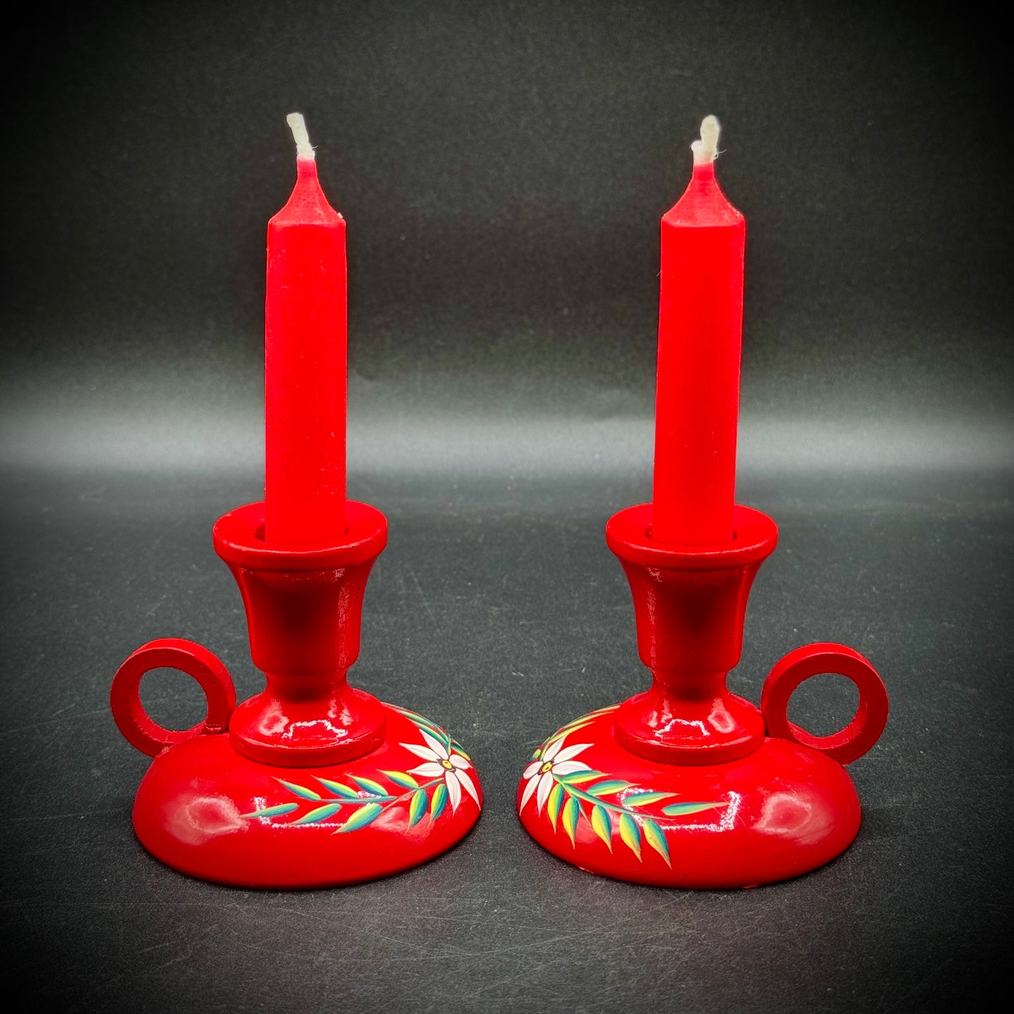 Vintage Hand Painted Swedish Red Candle Holders w/Handles