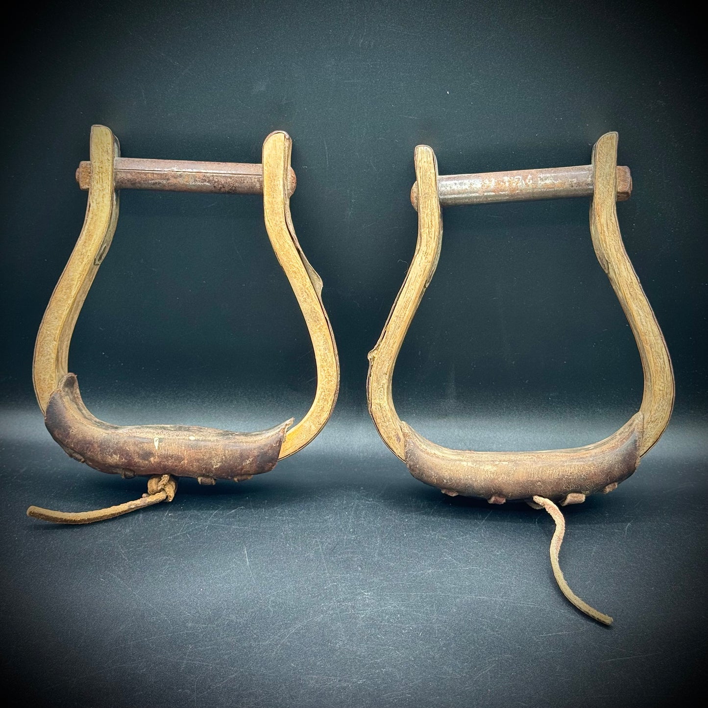 Antique Pair of Wood, Leather & Metal Stirrups