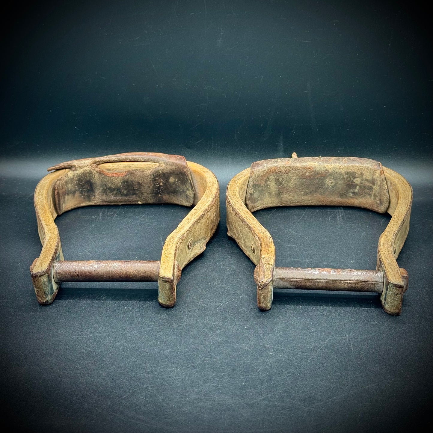 Antique Pair of Wood, Leather & Metal Stirrups