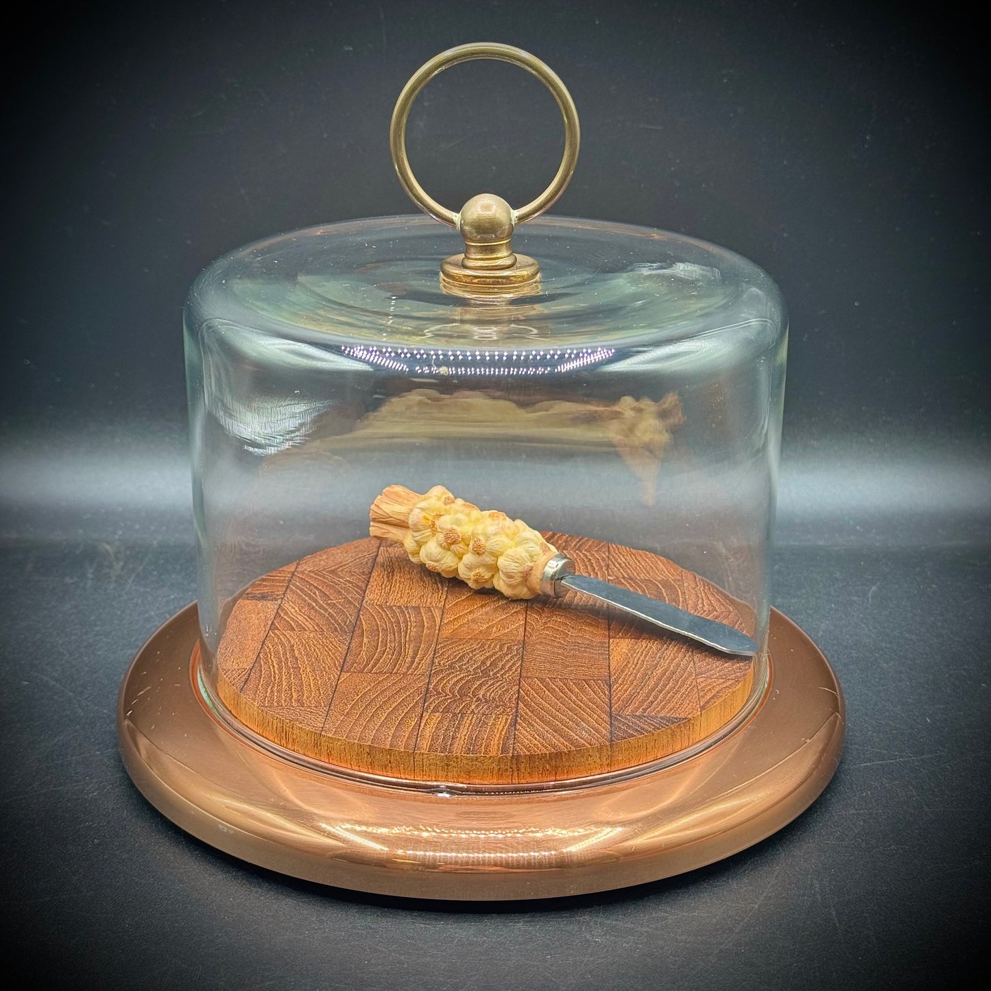 Vintage MCM Elko USA Copper, Wood & Glass Cloche Cheese Board with Spreader