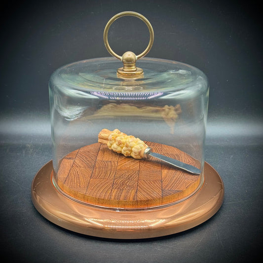 Vintage MCM Elko USA Copper, Wood & Glass Cloche Cheese Board with Spreader