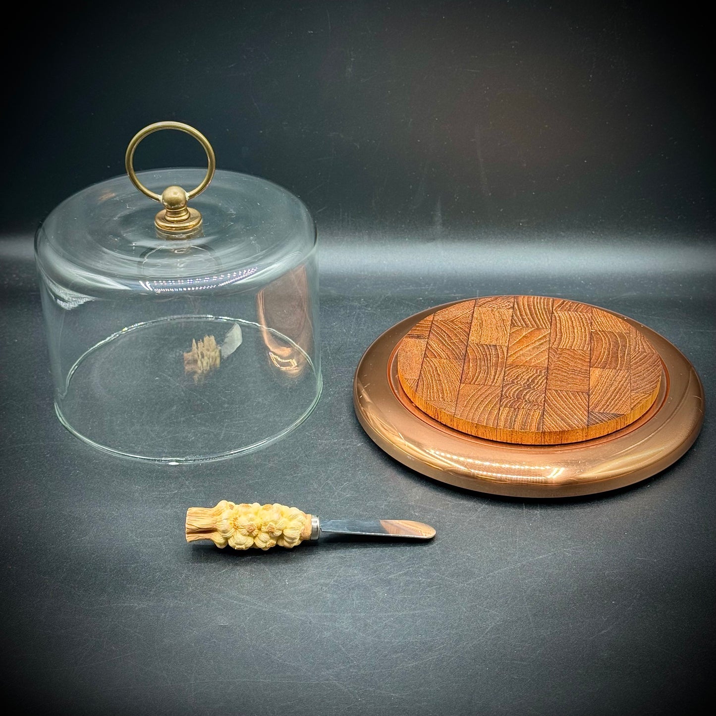 Vintage MCM Elko USA Copper, Wood & Glass Cloche Cheese Board with Spreader