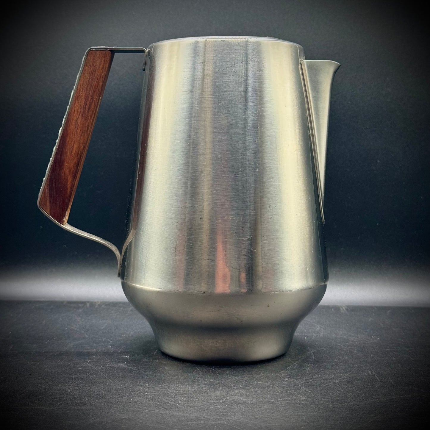 Vintage International Danish Modern Brushed Stainless Steel Water Pitcher with Teak Accent