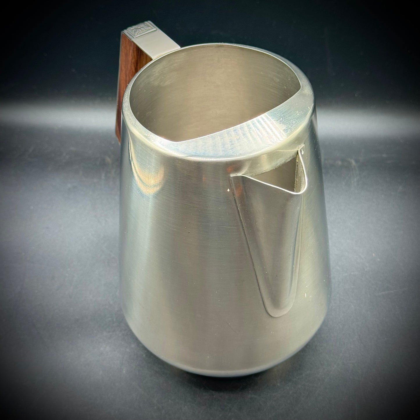 Vintage International Danish Modern Brushed Stainless Steel Water Pitcher with Teak Accent