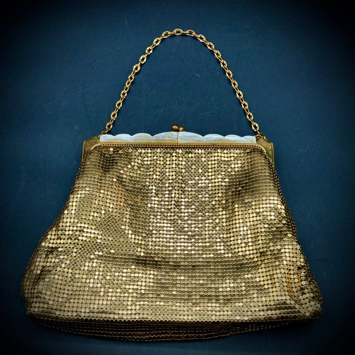 Vintage Whiting & Davis Gold Mesh Evening Bag w/Mother of Pearl Accent