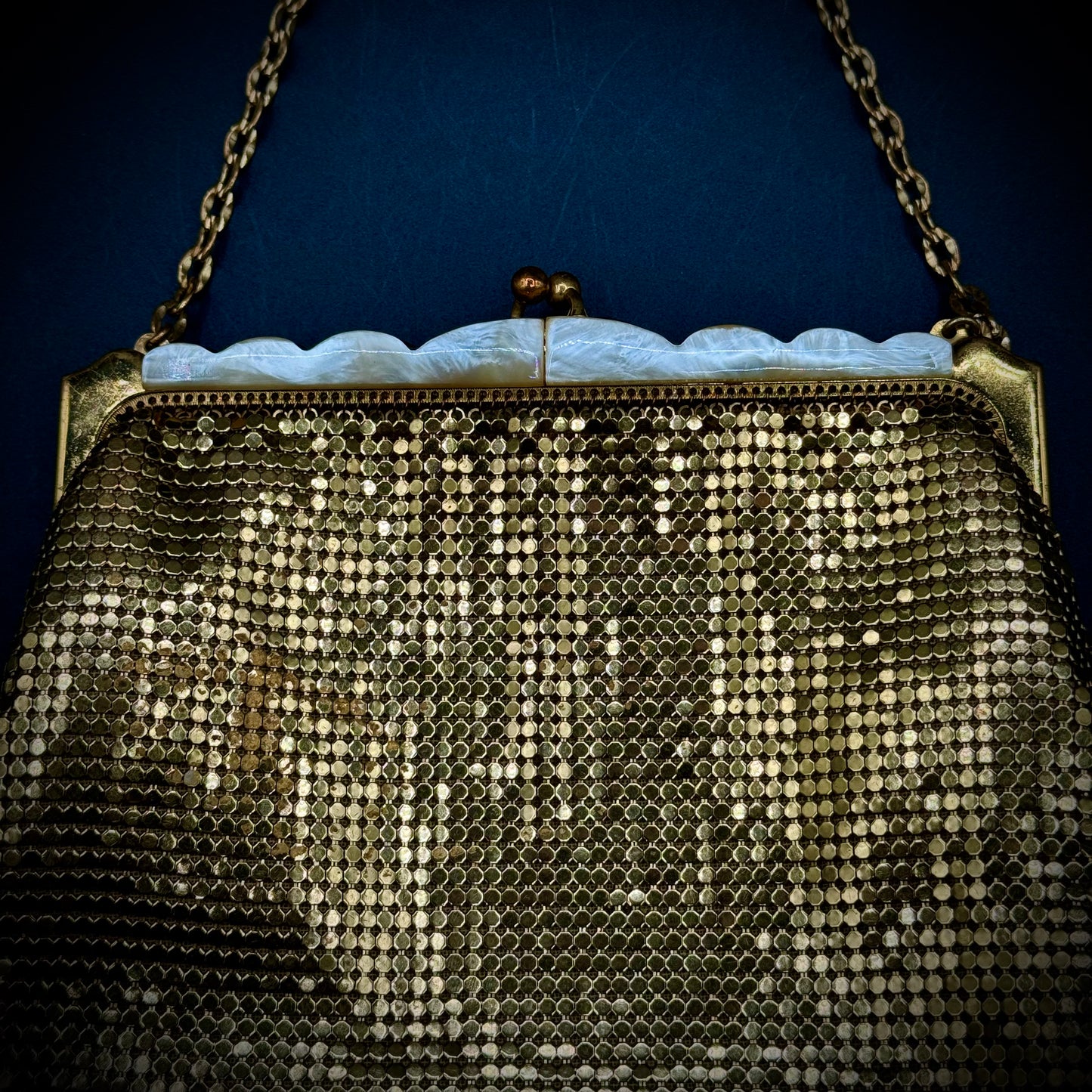 Vintage Whiting & Davis Gold Mesh Evening Bag w/Mother of Pearl Accent