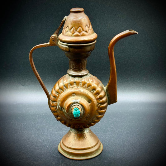 Antique Copper Hand Made Egyptian Coffee Pot w/Blue Scarab Accents