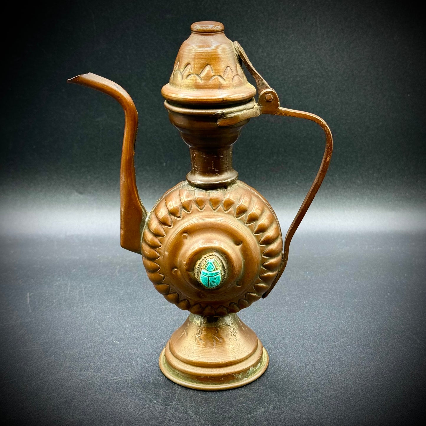 Antique Copper Hand Made Egyptian Coffee Pot w/Blue Scarab Accents