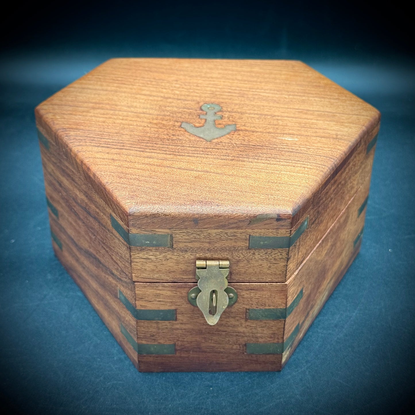 Vintage Nautical Motif Wood Box with Brass Accents