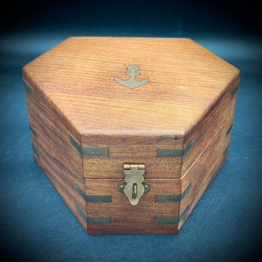 Vintage Nautical Motif Wood Box with Brass Accents