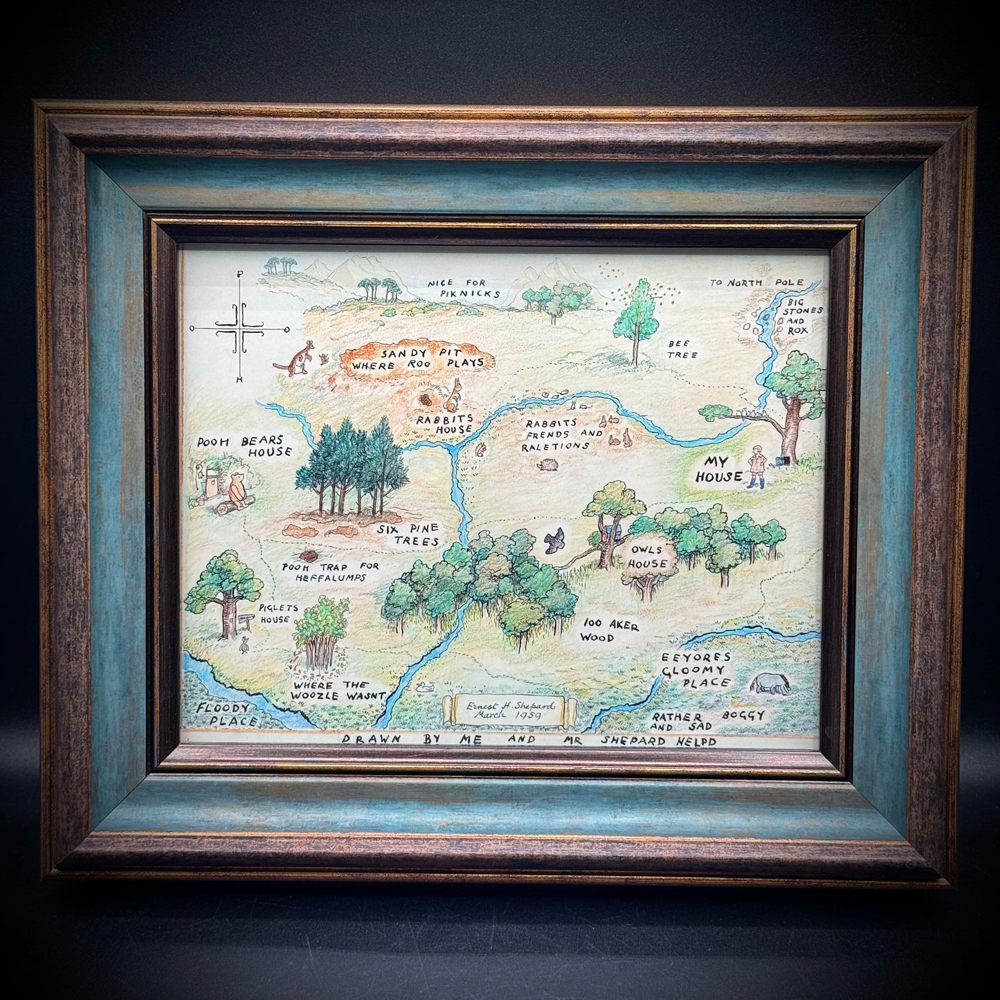 Framed 1959 Lithograph of The 100 Acre Wood