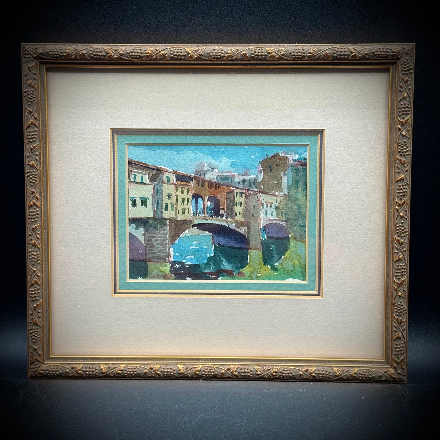 Original Watercolor Painting Double Matted in Gold Tone Frame