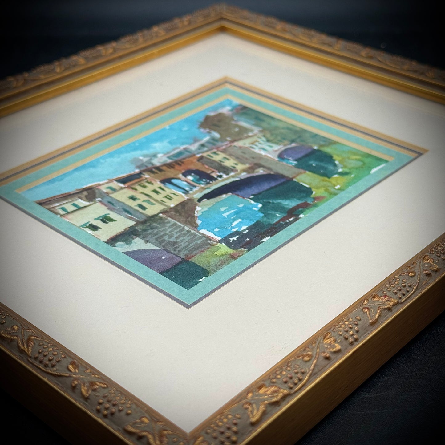 Original Watercolor Painting Double Matted in Gold Tone Frame