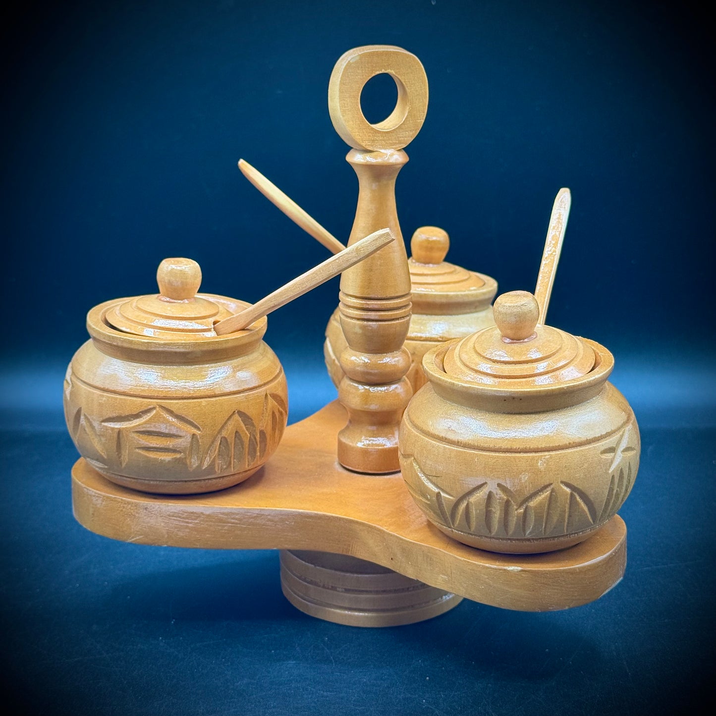 New Hand Carved Wood Condiment Caddy Set