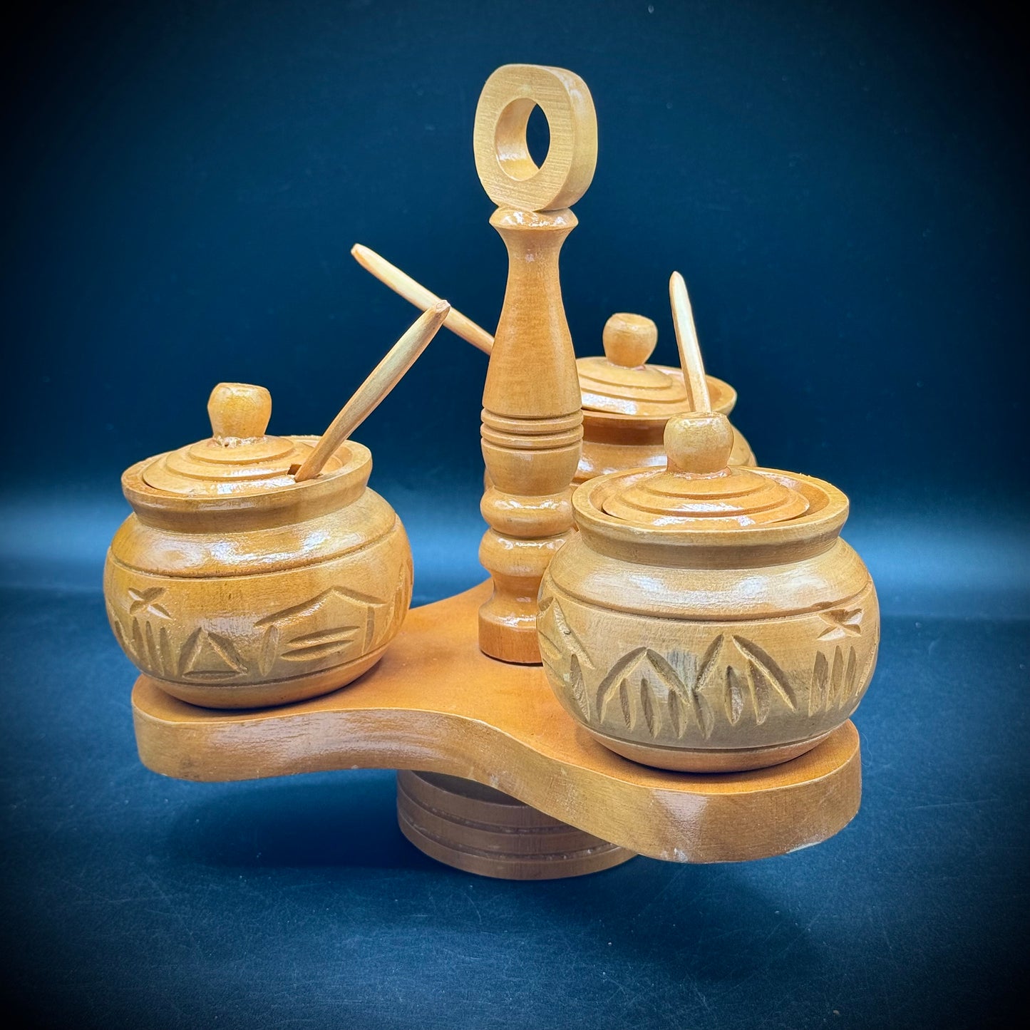 New Hand Carved Wood Condiment Caddy Set