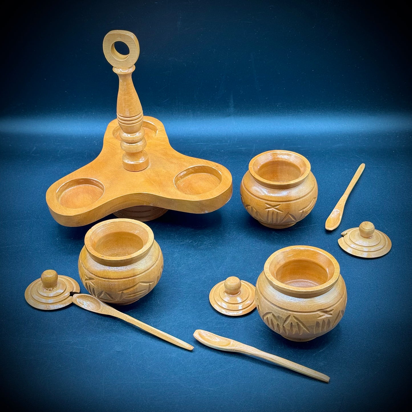 New Hand Carved Wood Condiment Caddy Set
