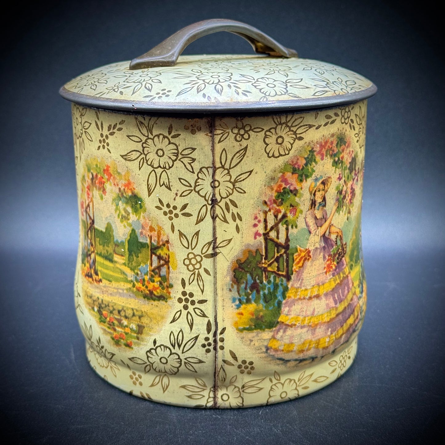 Vintage Floral and Victorian Woman Motif Tin - Made in England