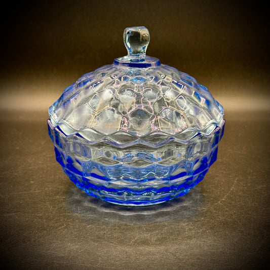 Vintage Fostoria Lidded Cubist Blue Glass Candy Dish