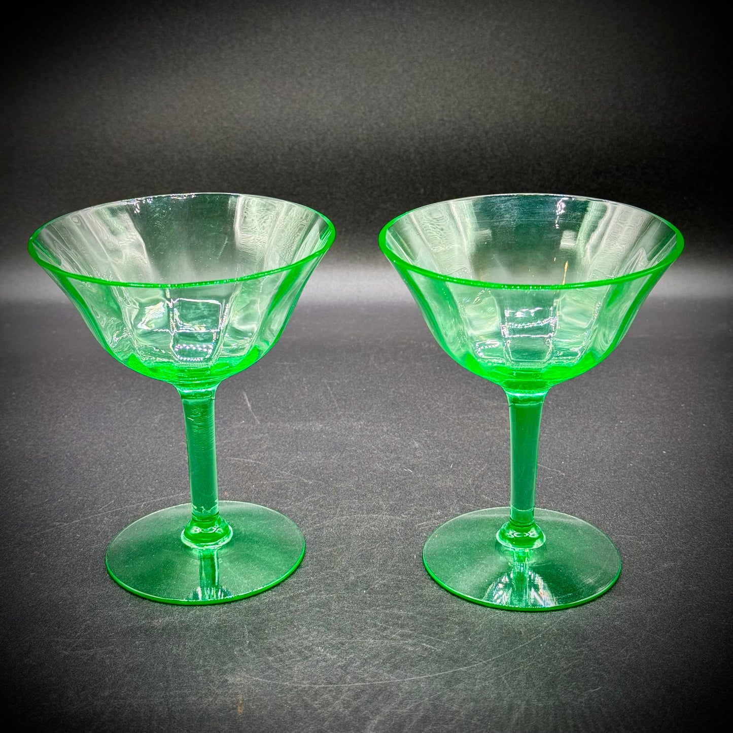 Will's Challenge - Pair of Vintage Green Uranium Glowing Parfait Glasses