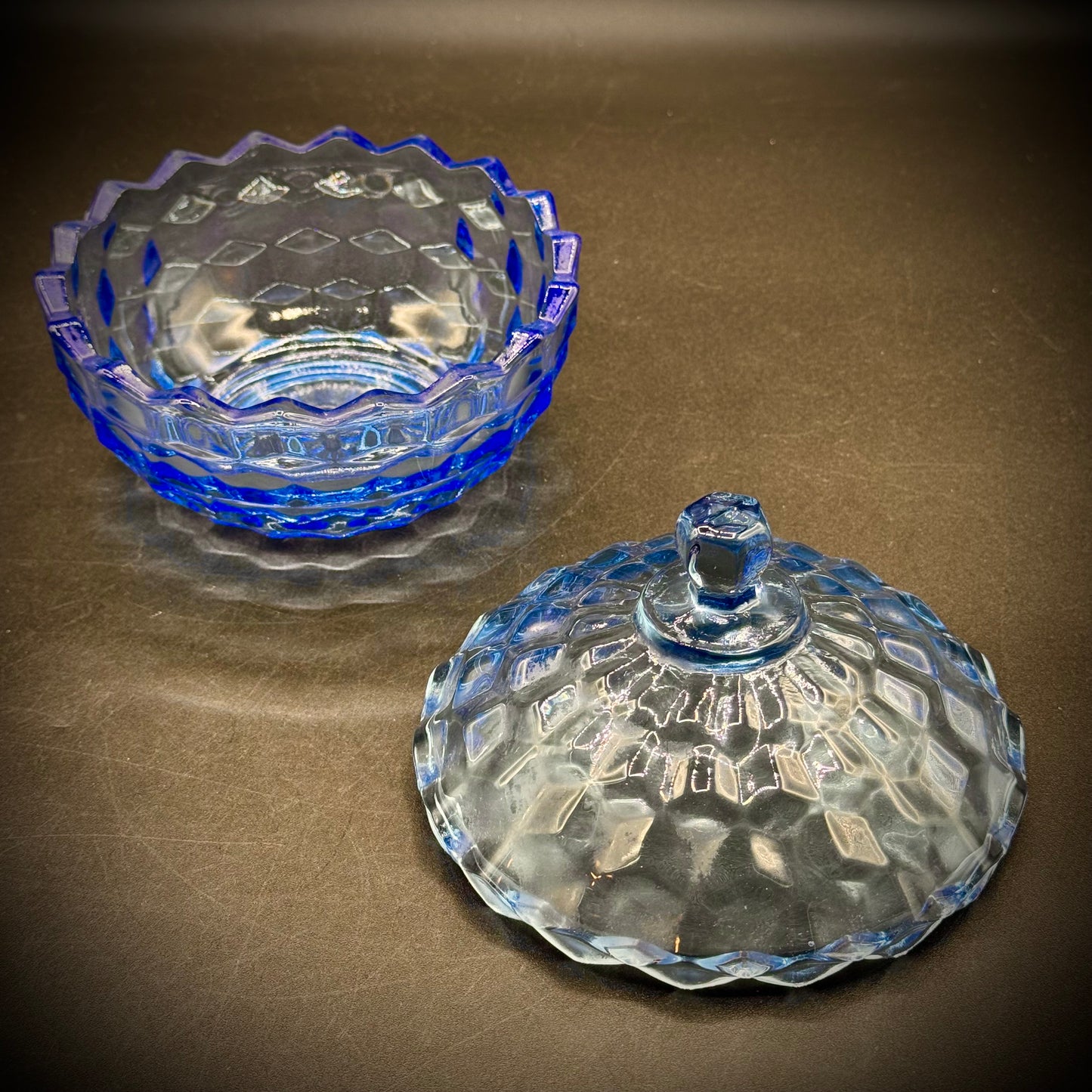 Vintage Fostoria Lidded Cubist Blue Glass Candy Dish