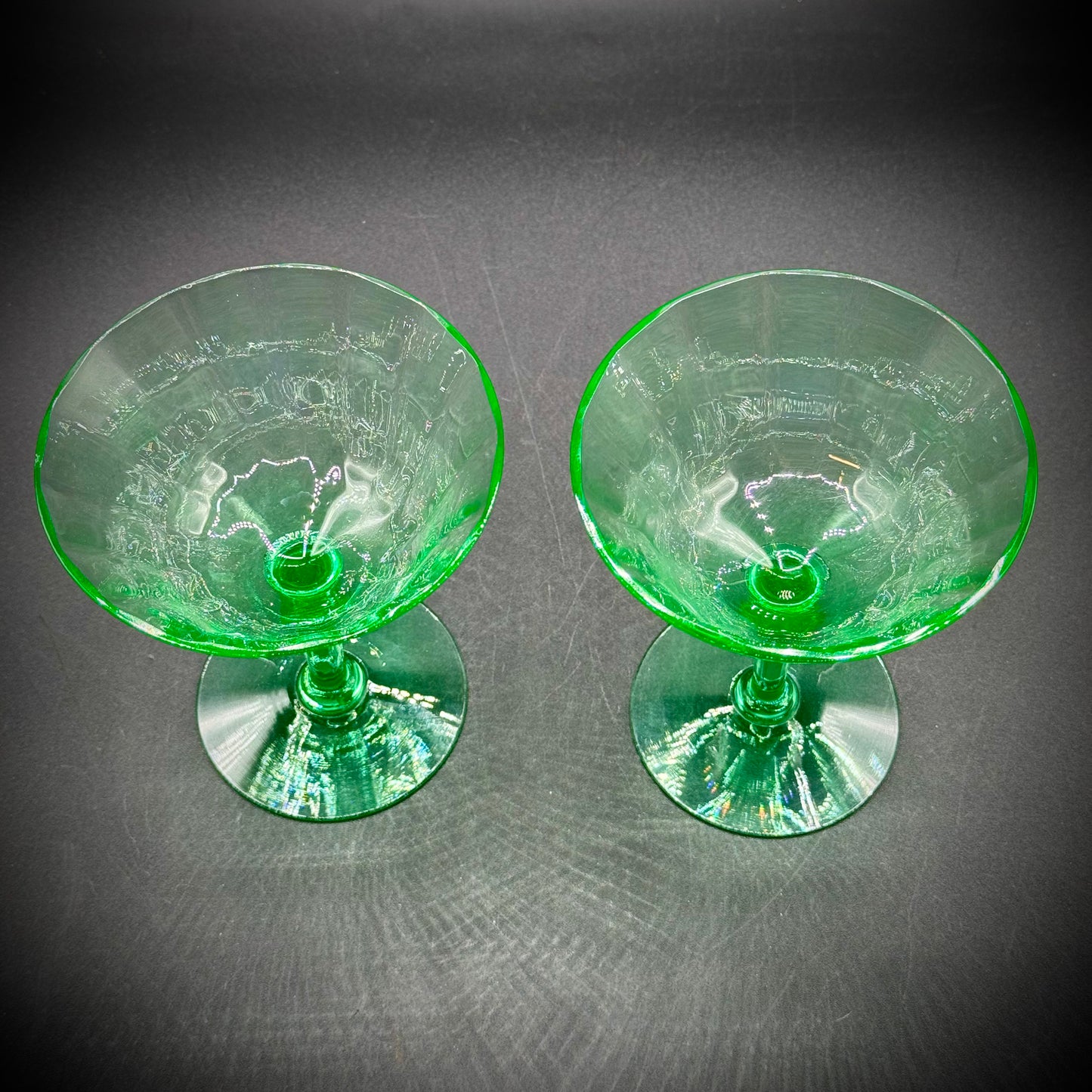 Will's Challenge - Pair of Vintage Green Uranium Glowing Parfait Glasses