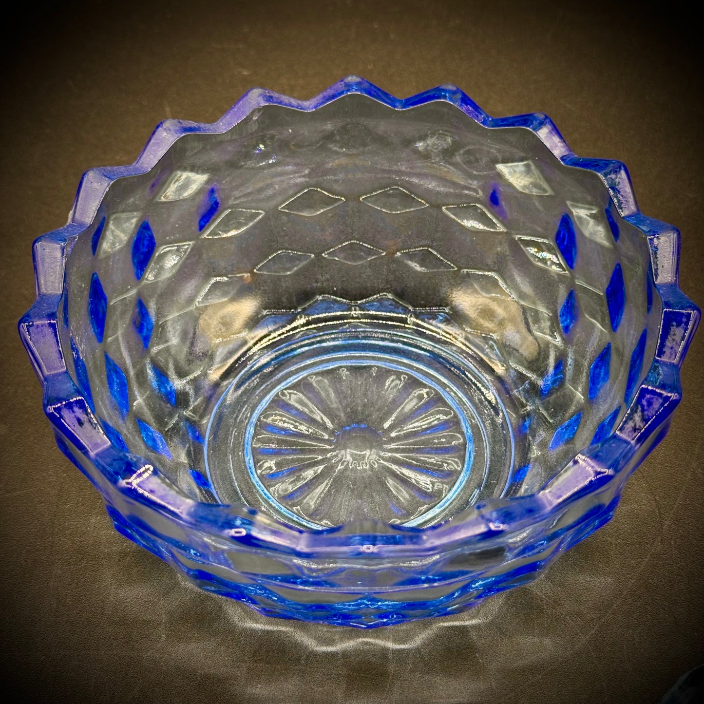 Vintage Fostoria Lidded Cubist Blue Glass Candy Dish