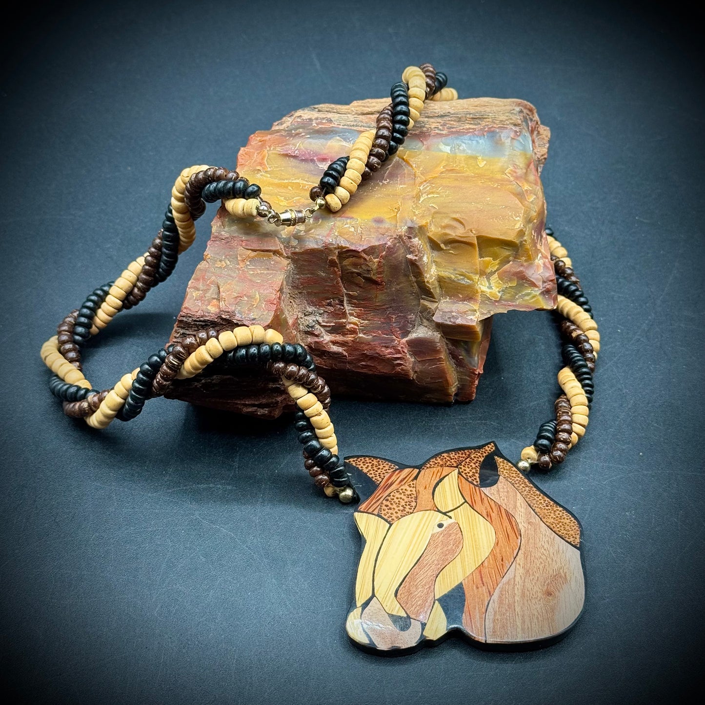 Vintage 1970s Large Wood Artisan Made Horse Pendant with Beaded Necklace