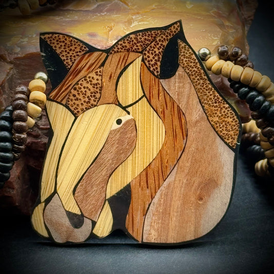 Vintage 1970s Large Wood Artisan Made Horse Pendant with Beaded Necklace