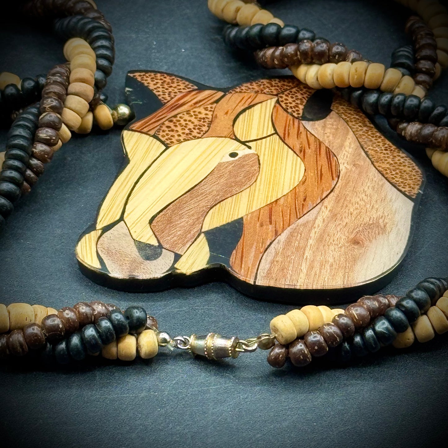 Vintage 1970s Large Wood Artisan Made Horse Pendant with Beaded Necklace