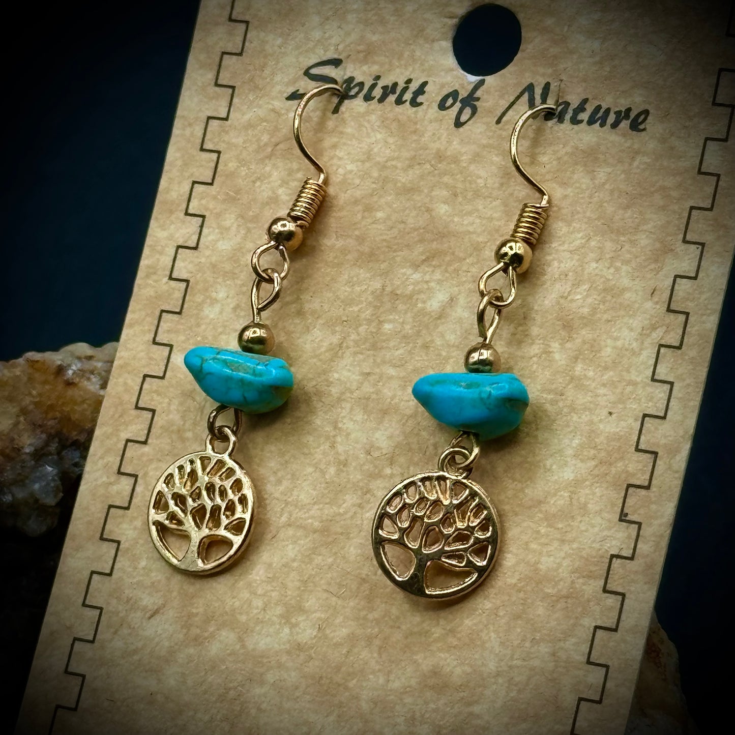 Spirit of Nature "Tree of Life" Handcrafted Earrings with Natural Turquoise