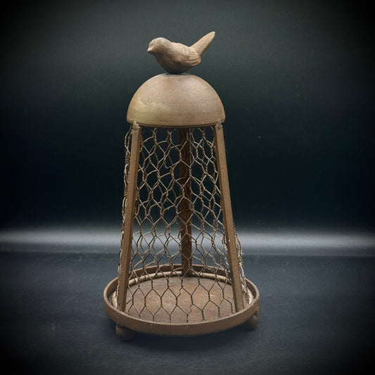 Cast Iron Metal Mesh & Bird Motif Candle Holder