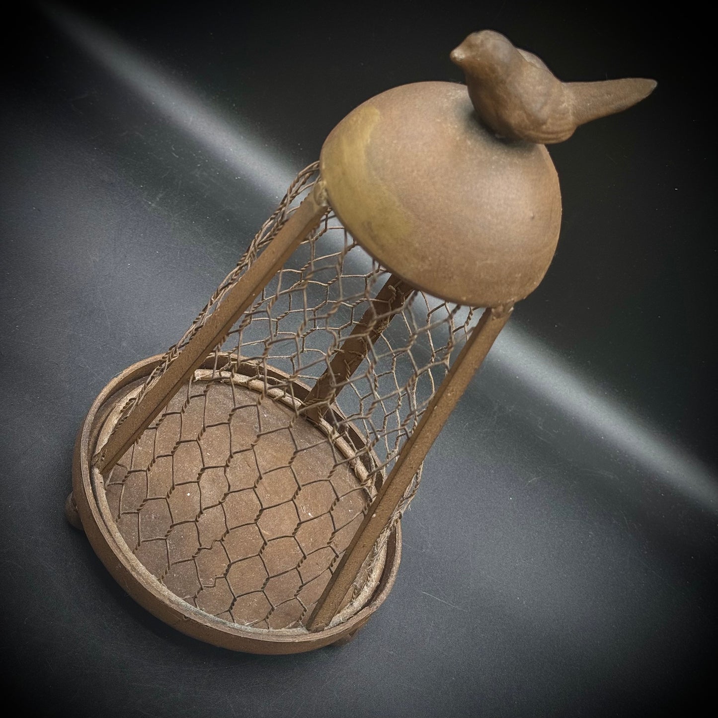 Cast Iron Metal Mesh & Bird Motif Candle Holder